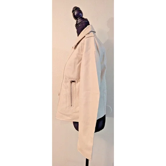 New Lulus sz S Faux Vegan Leather Moto Biker Jacket zippers beige 4504 - Picture 2 of 4